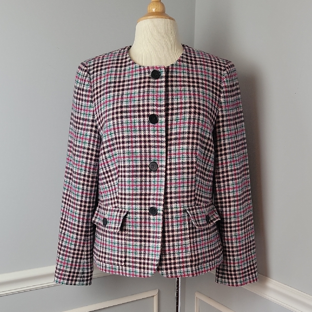 TALBOTS Pink Green Plaid Houndstooth Wool Blend Collarless Lady Jacket Blazer 12